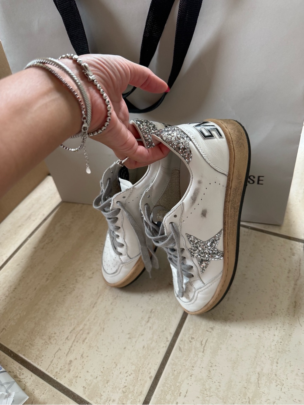 Golden Goose White Leather Sneakers with Silver Glitter Heel Accents - Picture 4 of 6